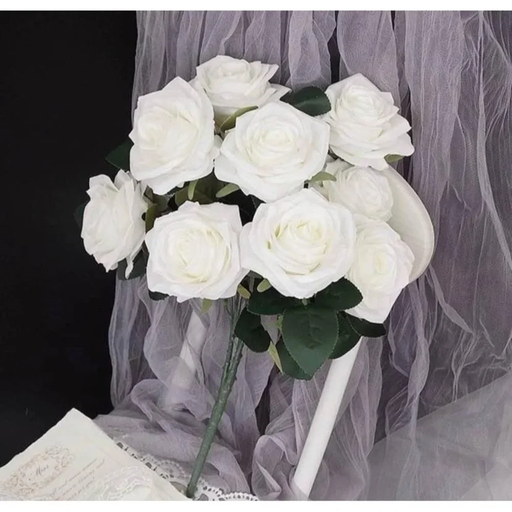 White Floral Artificial Roses Bouquet 10 Heads for Wedding Centerpiece - New